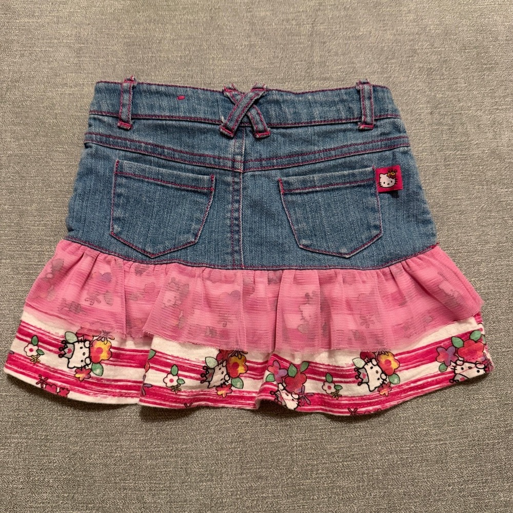 Hello Kitty Sanrio Toddler Girls Denim Skort Pink Mesh Ruffle Floral 3T - Picture 3 of 4